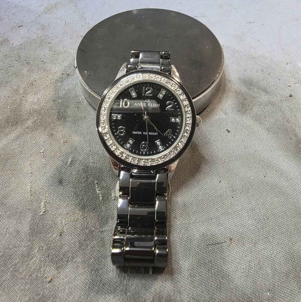 Anne Klein Black and Silver Watch with Crystal Details